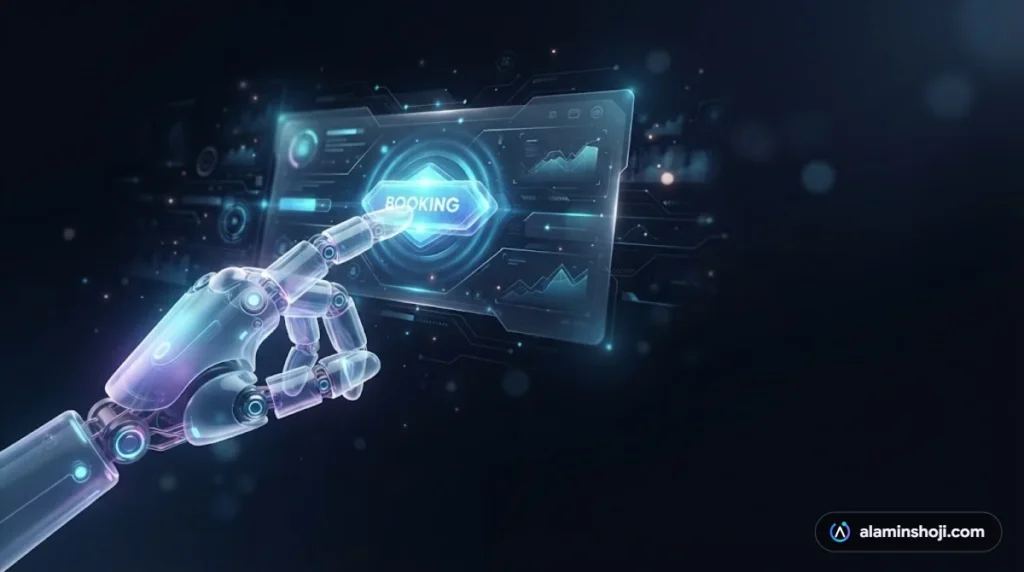 Translucent robotic hand interacting with a glowing website, representing an AI-agent-ready website - alaminshoji.com