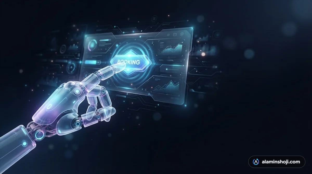 Translucent robotic hand interacting with a glowing website, representing an AI-agent-ready website - alaminshoji.com