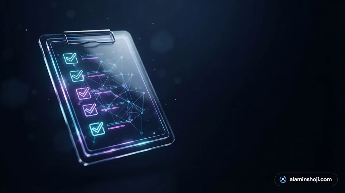 Glass clipboard with glowing check marks representing an AI-ready website checklist - alaminshoji.com