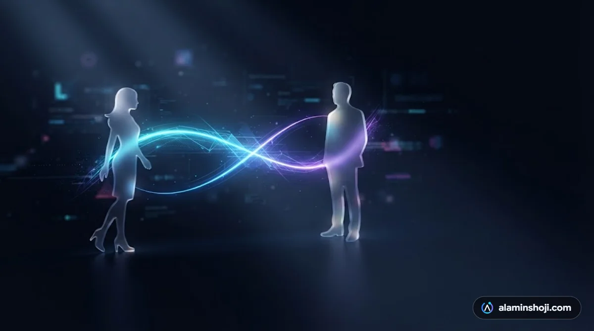 Freelancer connected directly to a client by a glowing line, benefits of hiring a freelancer - alaminshoji.com