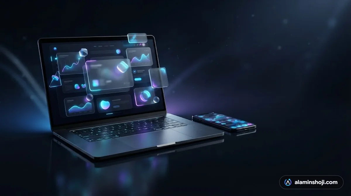 Laptop and smartphone displaying a dark mode website with neon accents - alaminshoji.com