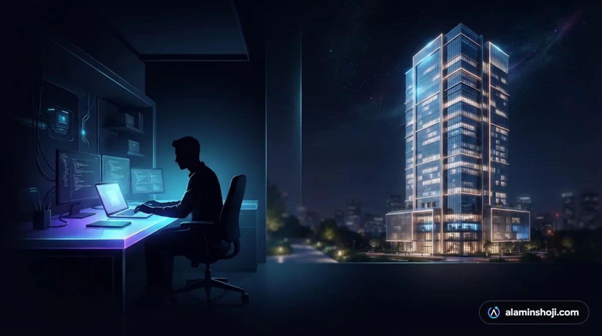 Single freelancer at a desk versus an agency office building, freelancer vs agency comparison - alaminshoji.com