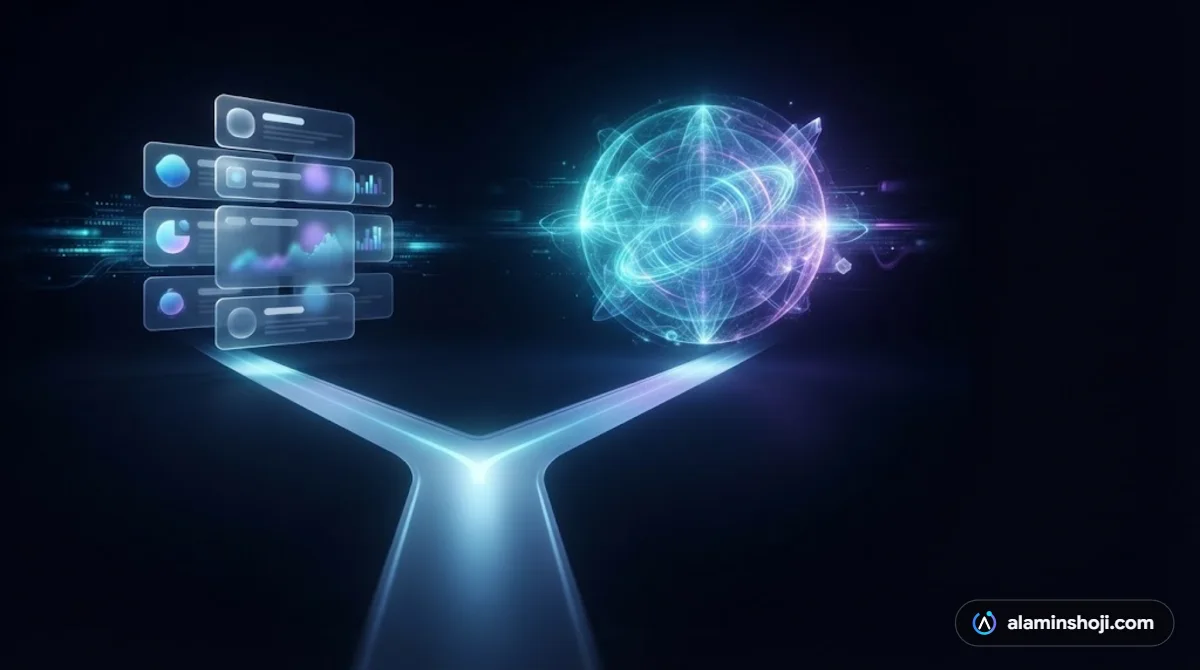 Two paths leading to classic search results and an AI answer orb, the difference between GEO and SEO - alaminshoji.com