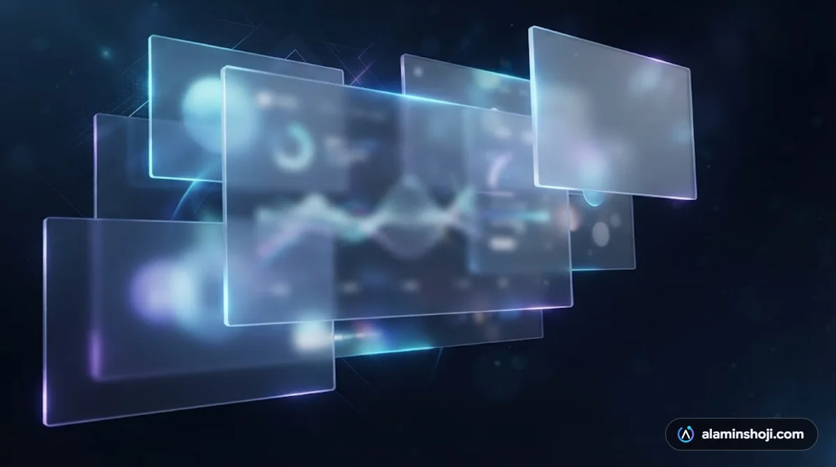 Layered frosted glass panels with glowing edges illustrating glassmorphism web design - alaminshoji.com