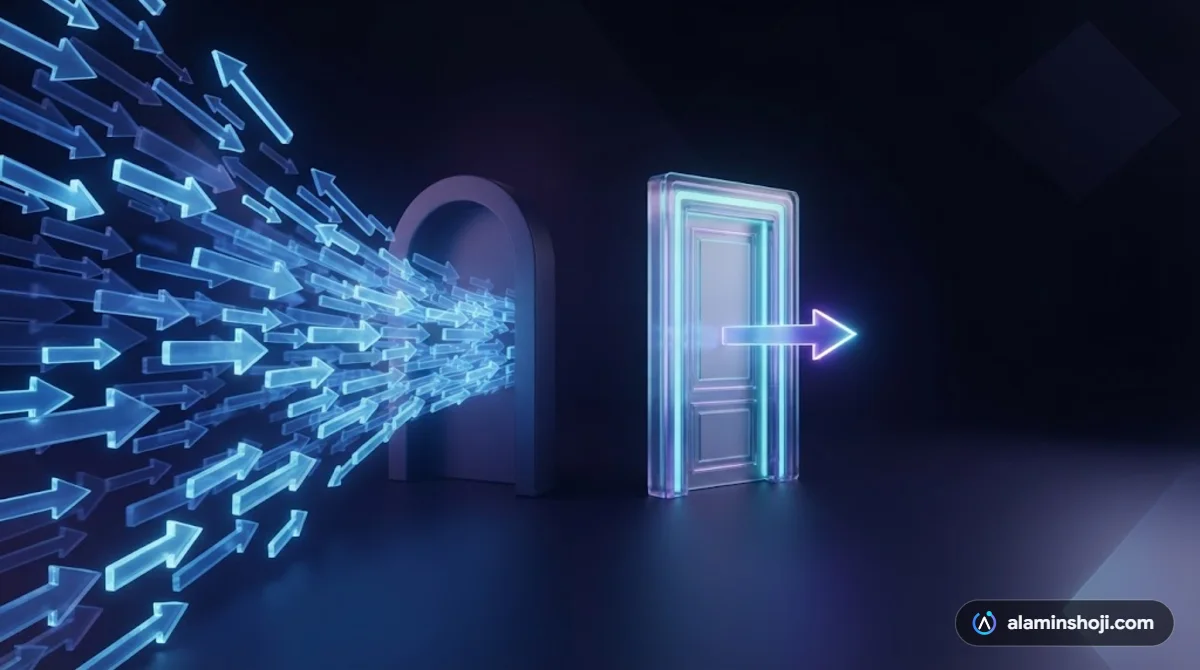 Arrows entering a generic door versus a tailored glowing door, showing why ads need matching landing pages - alaminshoji.com