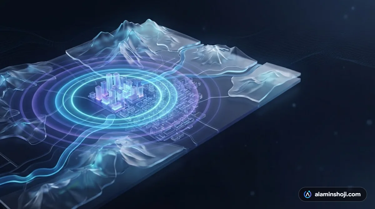 3D map with a glowing targeting radius illustrating Google Ads location settings - alaminshoji.com
