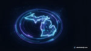 Glowing Michigan-shaped outline with targeting rings illustrating Google Ads for Michigan small businesses - alaminshoji.com