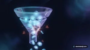 Cracked glass funnel leaking glowing coins, illustrating Google Ads mistakes that waste budget - alaminshoji.com
