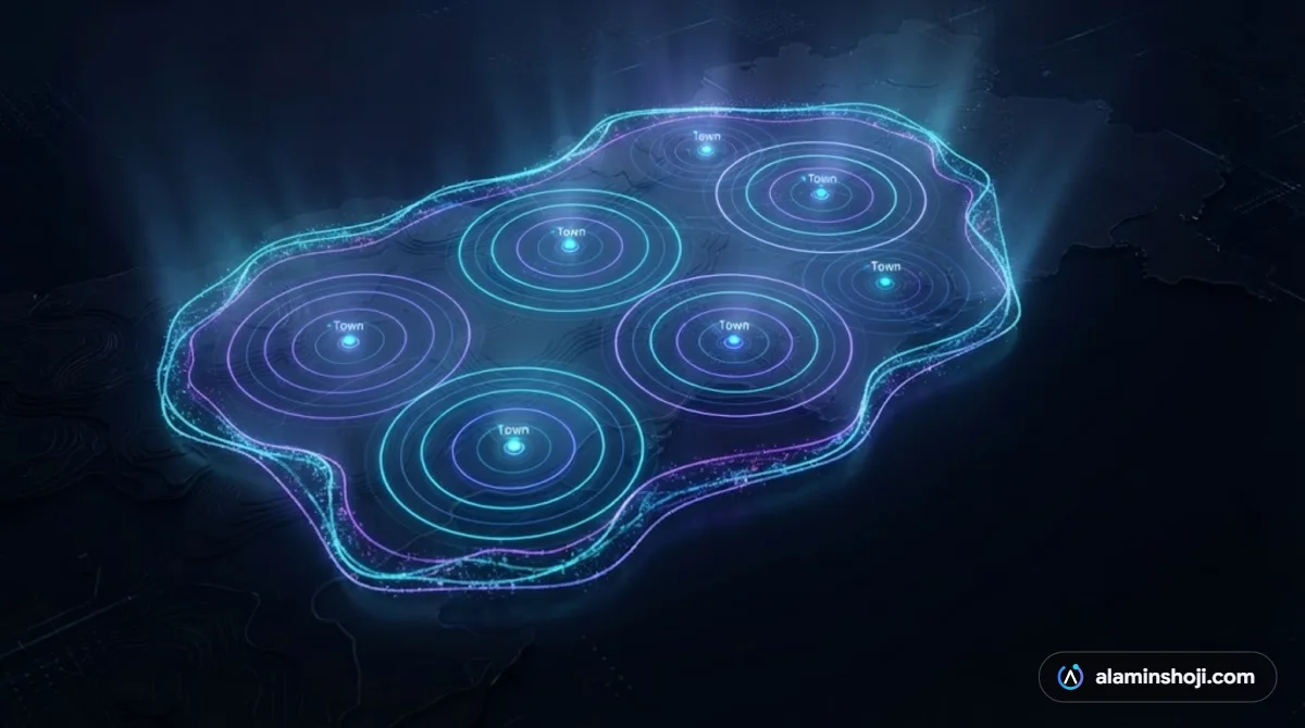 3D map with service area boundary and radius rings for Google Ads targeting - alaminshoji.com