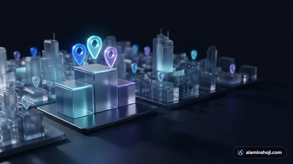 3D city map with three highlighted pins representing the Google Maps local pack - alaminshoji.com