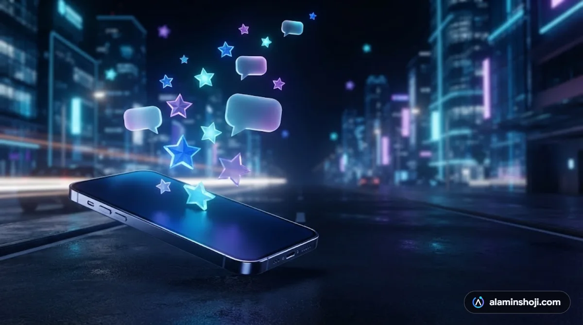 Glowing stars and review bubbles rising from a smartphone, showing reviews for local businesses - alaminshoji.com
