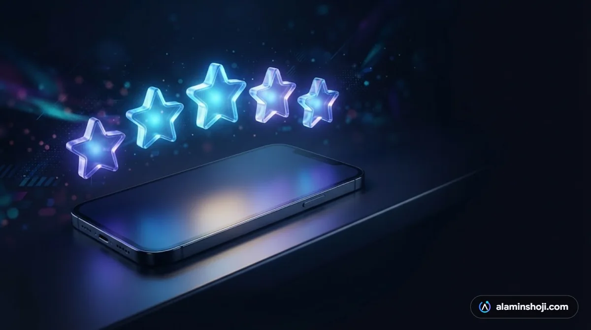 Five glowing stars above a smartphone representing Google reviews for local SEO - alaminshoji.com
