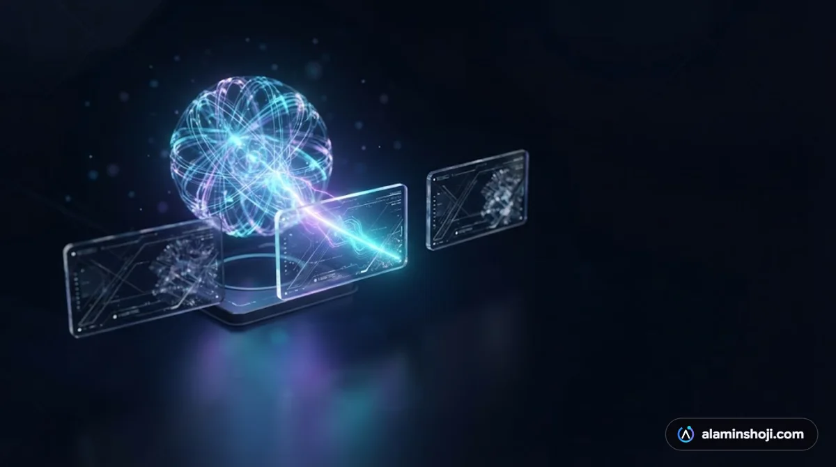 AI orb comparing three business cards and selecting one, showing how AI agents choose a business - alaminshoji.com