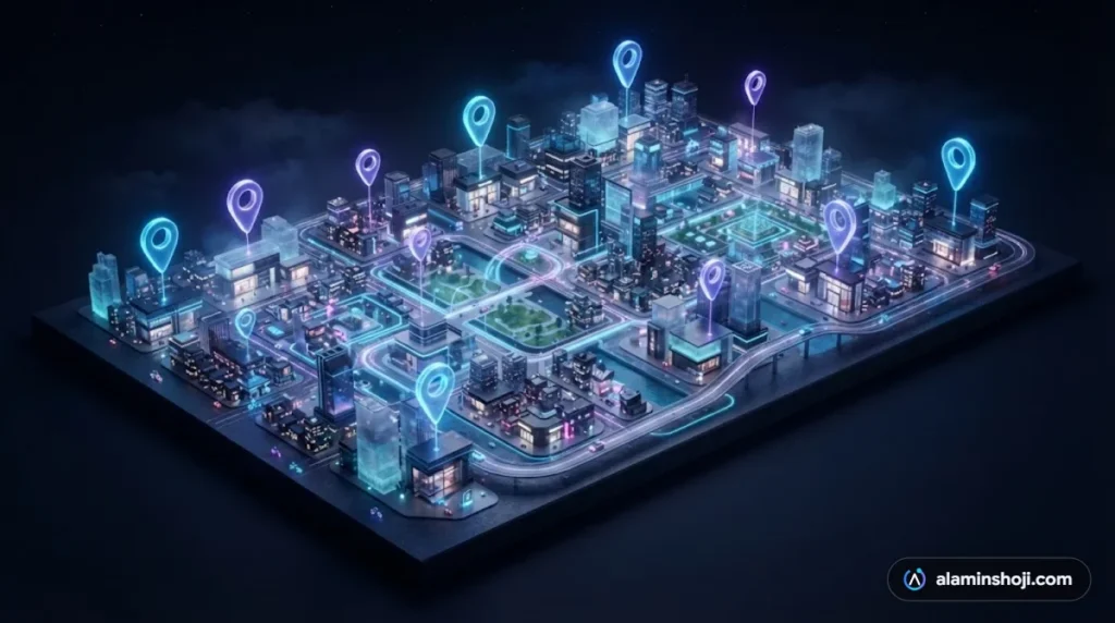 Isometric city map with glowing location pins illustrating a local SEO checklist - alaminshoji.com