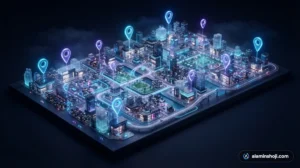 Isometric city map with glowing location pins illustrating a local SEO checklist - alaminshoji.com