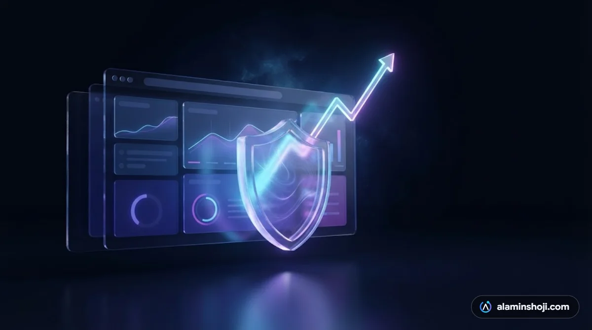 Glass shield protecting a website with a rising growth line, steps to protect traffic from Google AI Mode - alaminshoji.com
