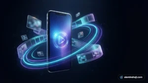Smartphone with a glowing play button and film frames representing short-form video for business - alaminshoji.com
