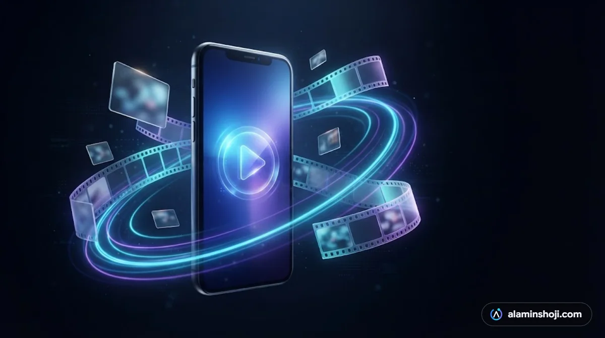 Smartphone with a glowing play button and film frames representing short-form video for business - alaminshoji.com