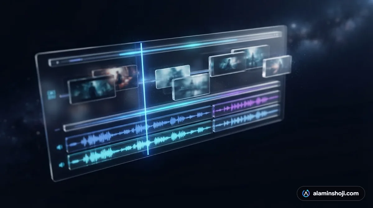 Glass video editing timeline with clips and audio waveform showing short video editing - alaminshoji.com