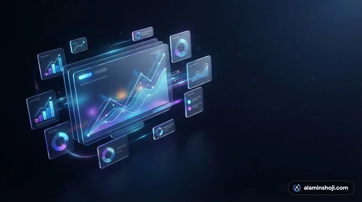 Glass analytics dashboard with a rising graph showing social media results - alaminshoji.com