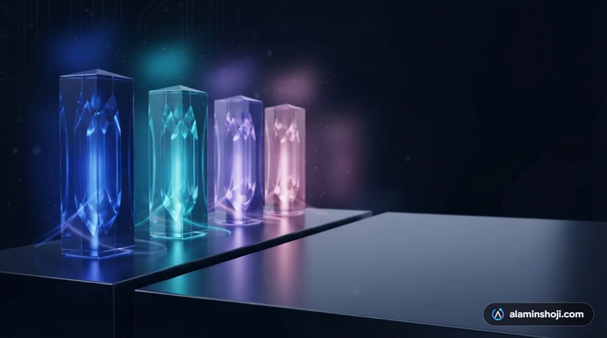 Four glowing glass pillars representing social media content pillars - alaminshoji.com