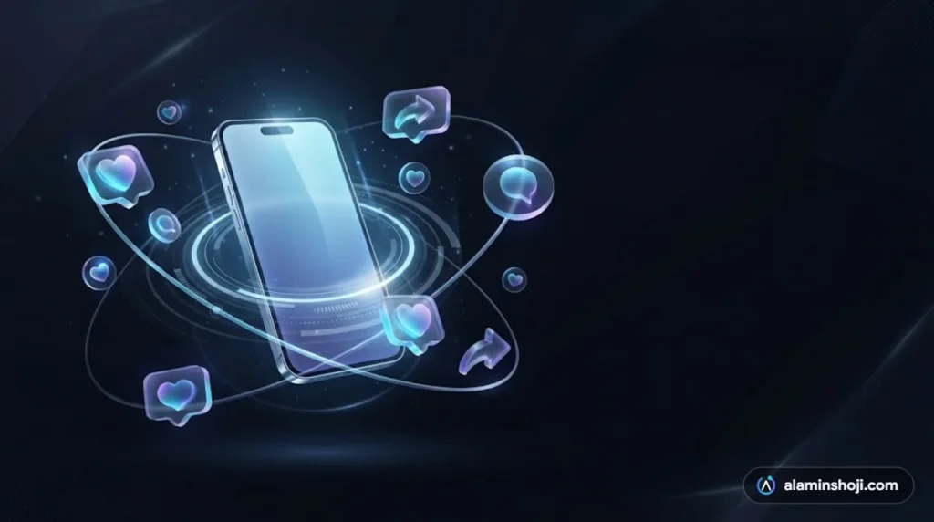 Smartphone surrounded by glowing social media icons illustrating social media marketing for small business - alaminshoji.com
