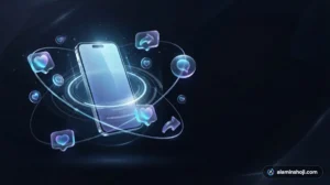 Smartphone surrounded by glowing social media icons illustrating social media marketing for small business - alaminshoji.com