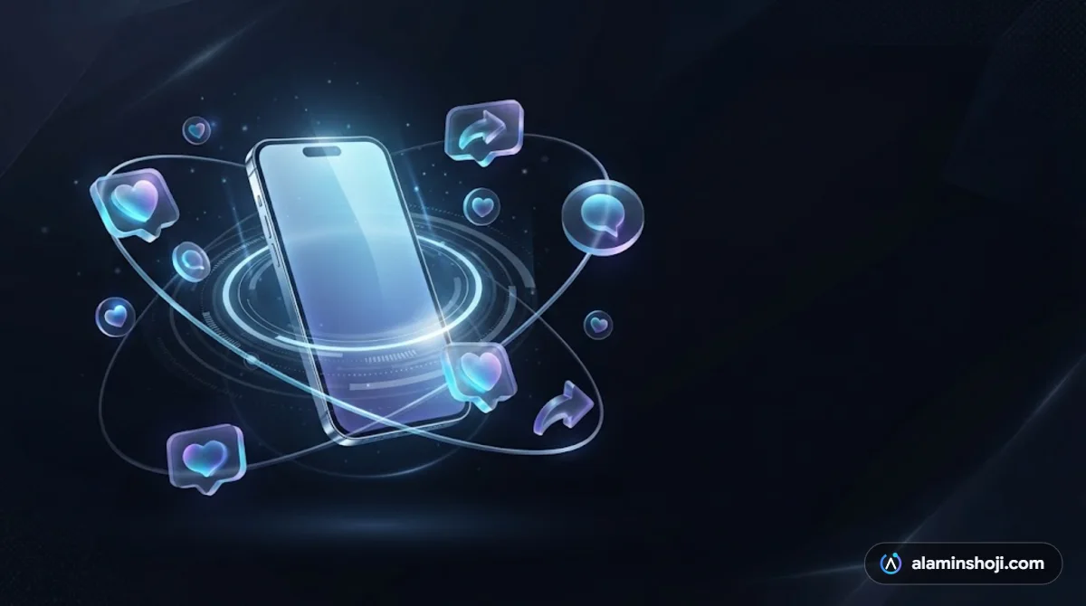 Smartphone surrounded by glowing social media icons illustrating social media marketing for small business - alaminshoji.com