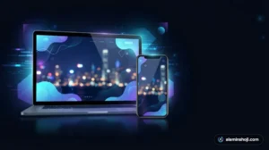 Laptop and smartphone with a modern website reflecting a city skyline, web design for Michigan businesses - alaminshoji.com