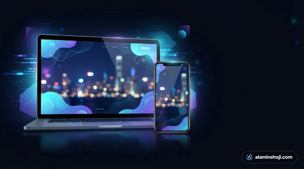 Laptop and smartphone with a modern website reflecting a city skyline, web design for Michigan businesses - alaminshoji.com