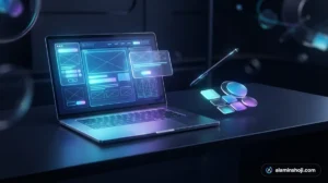 Laptop with a website wireframe and design swatches illustrating how to choose a web designer - alaminshoji.com