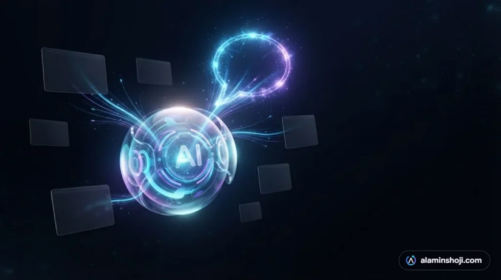AI orb drawing information from website cards into a chat bubble, illustrating generative engine optimisation - alaminshoji.com