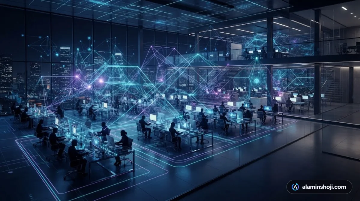 Office floor with many team members connected by lines, when an agency is the better choice - alaminshoji.com