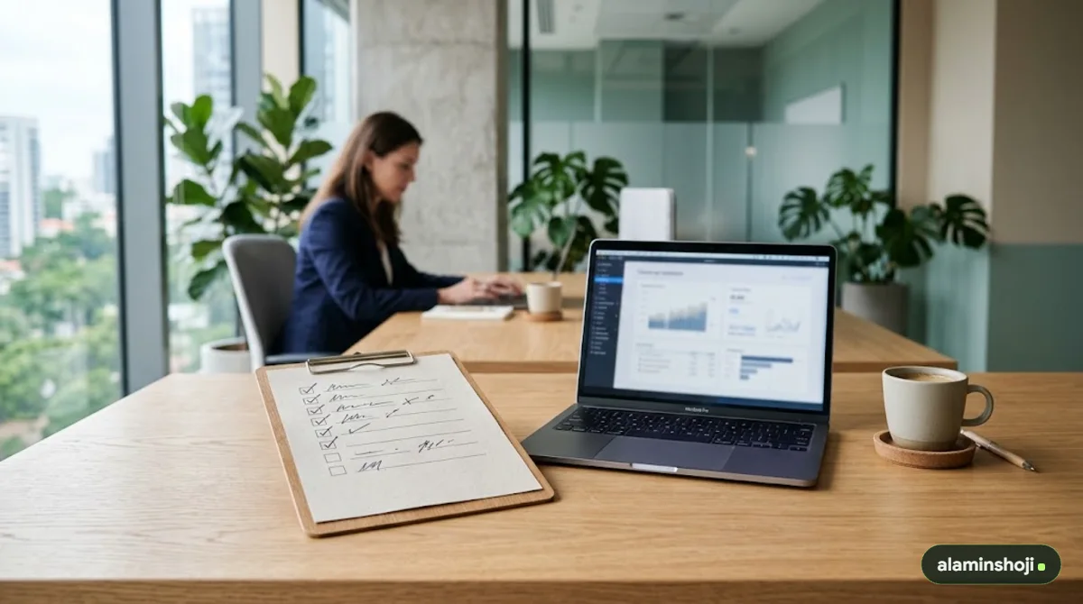 Printed AI-ready website checklist with ticks next to a laptop - alaminshoji.com