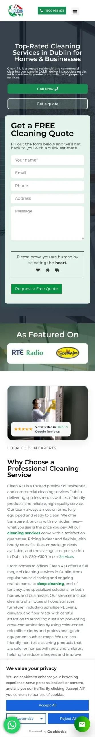 Full-page mobile screenshot of the Clean 4 U website