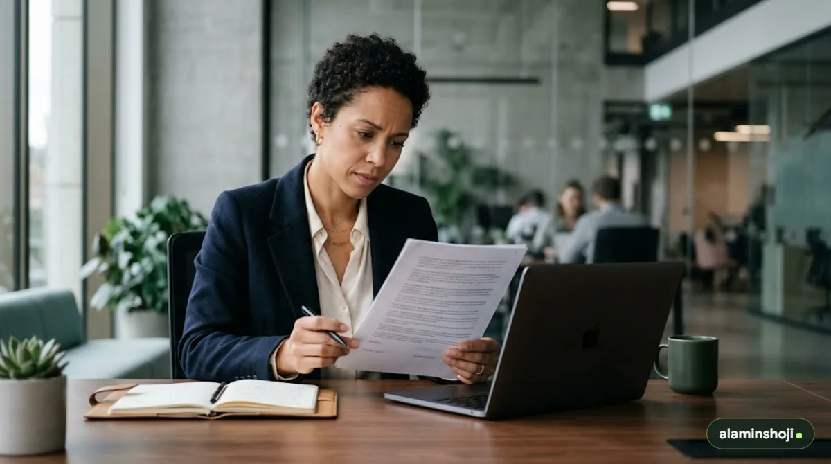 Business owner reviewing a web design contract for red flags - alaminshoji.com
