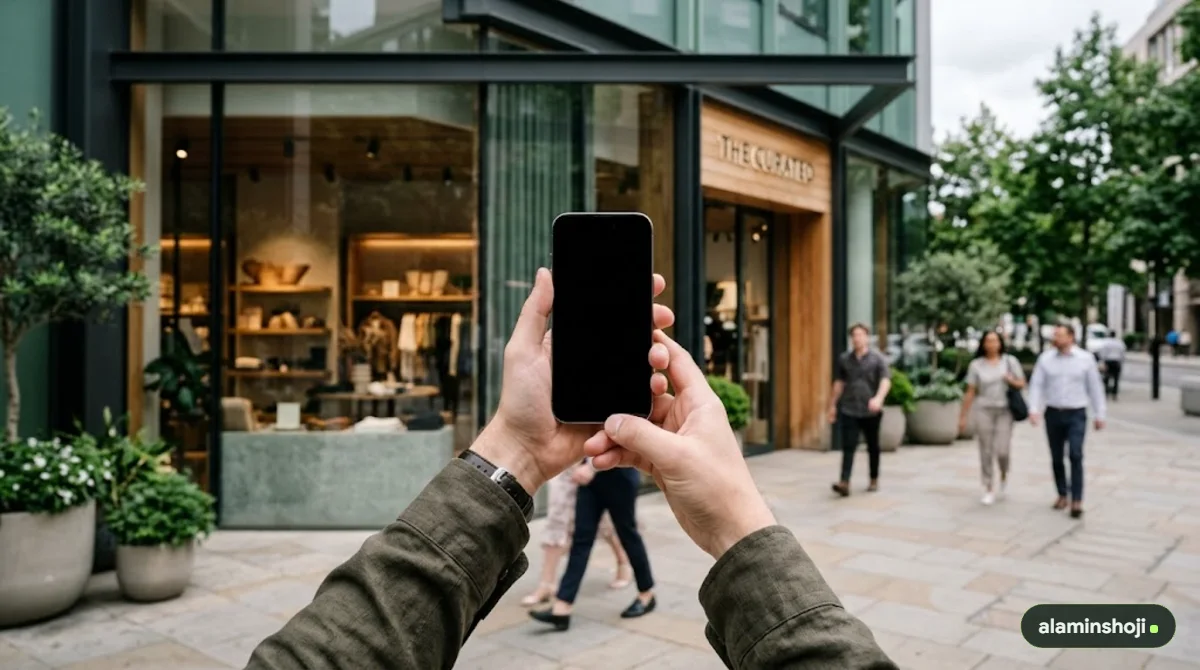 Google Business Profile on a smartphone in front of a shopfront - alaminshoji.com