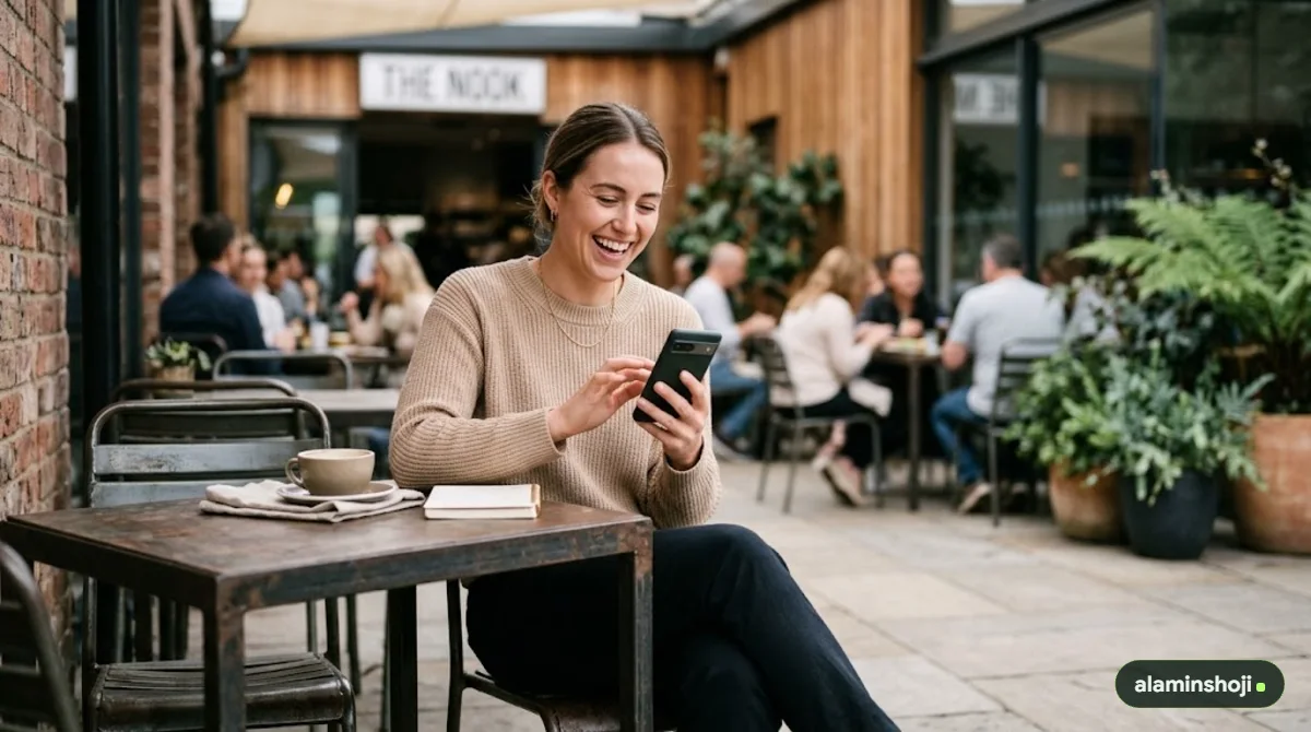 Customer leaving a five-star Google review on a phone - alaminshoji.com