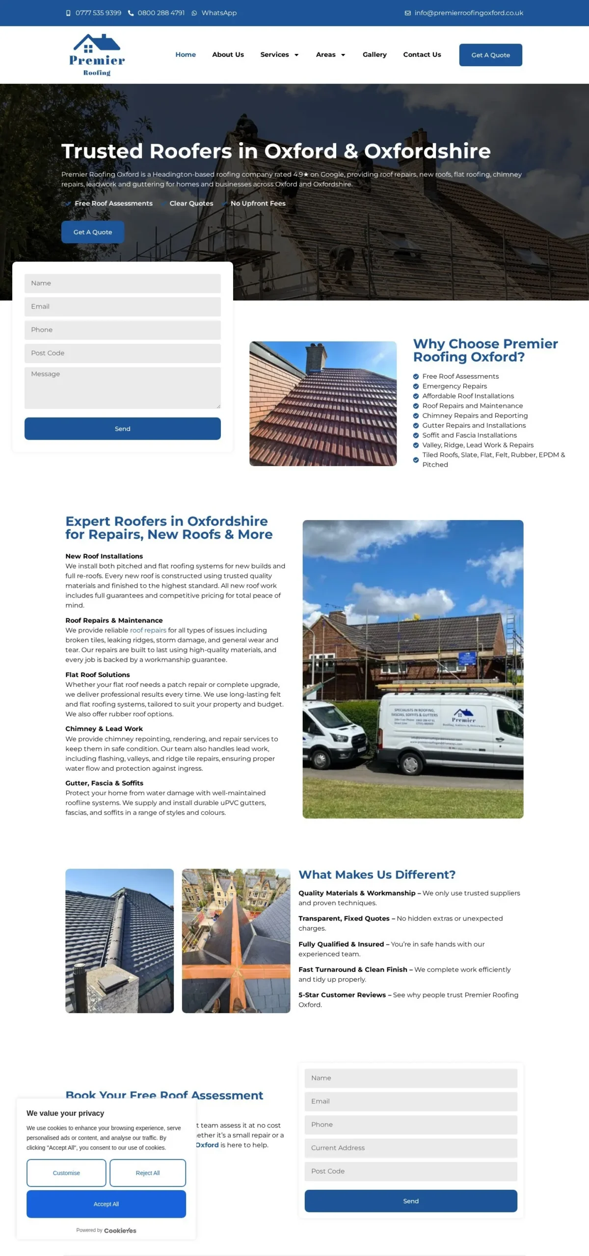 Full-page desktop screenshot of the Premier Roofing Oxford website