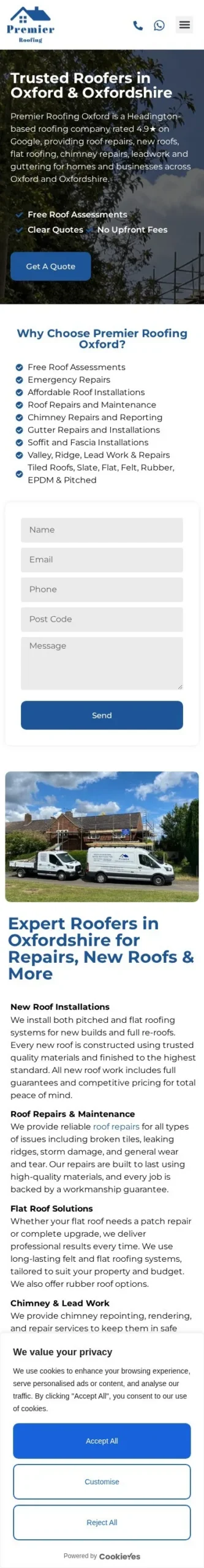 Full-page mobile screenshot of the Premier Roofing Oxford website