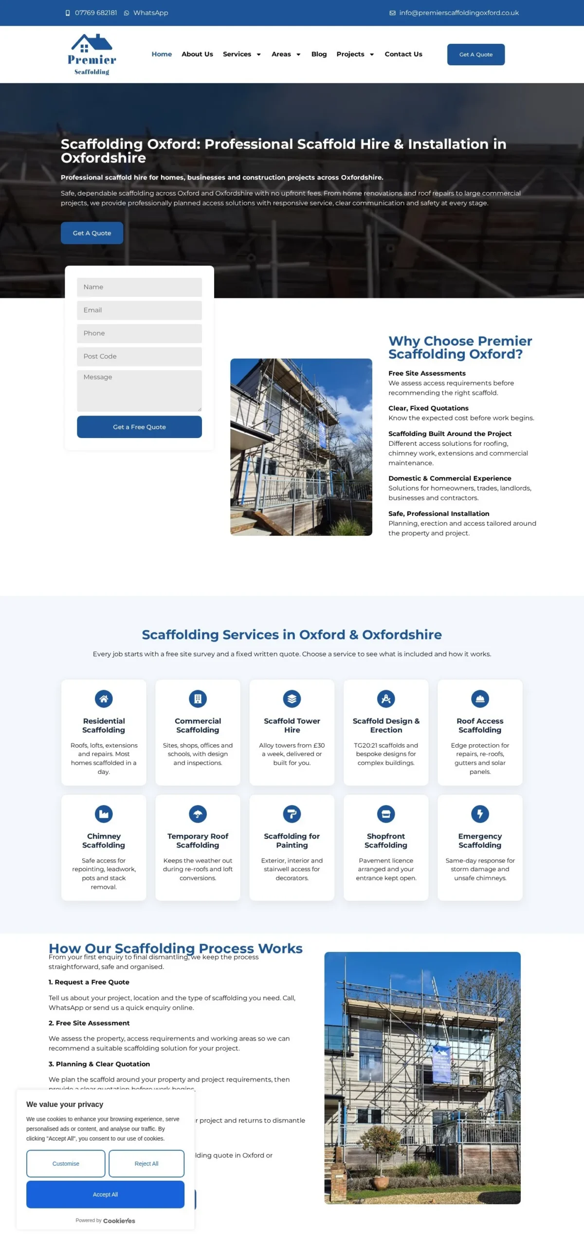 Full-page desktop screenshot of the Premier Scaffolding Oxford website
