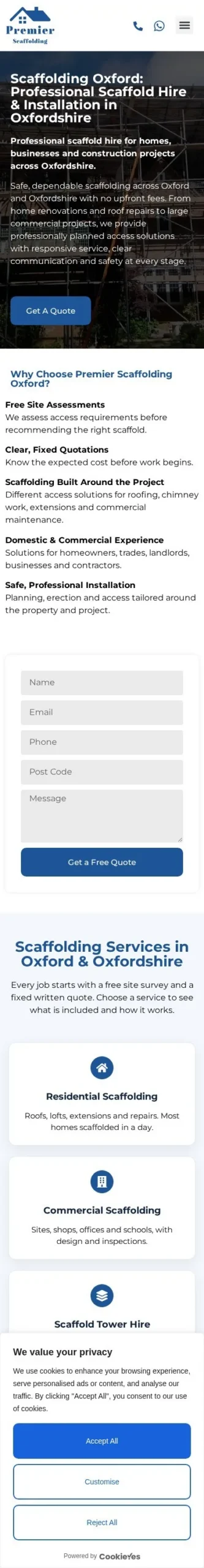 Full-page mobile screenshot of the Premier Scaffolding Oxford website