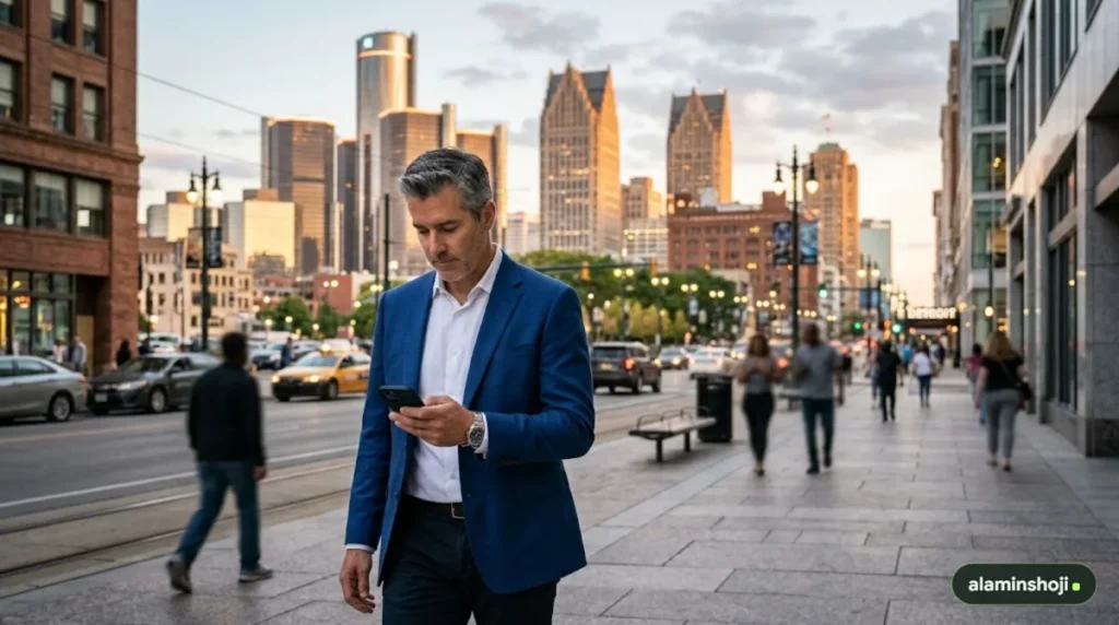 Business owner checking local search results in Detroit - alaminshoji.com