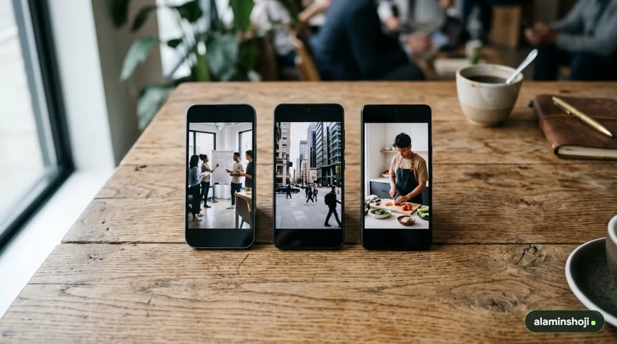 Three smartphones playing vertical short-form videos - alaminshoji.com