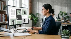 Web designer working on a modern website layout reflecting 2026 web design trends - alaminshoji.com