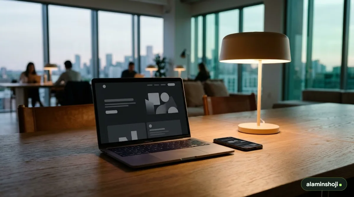 Laptop and smartphone displaying a dark mode website - alaminshoji.com