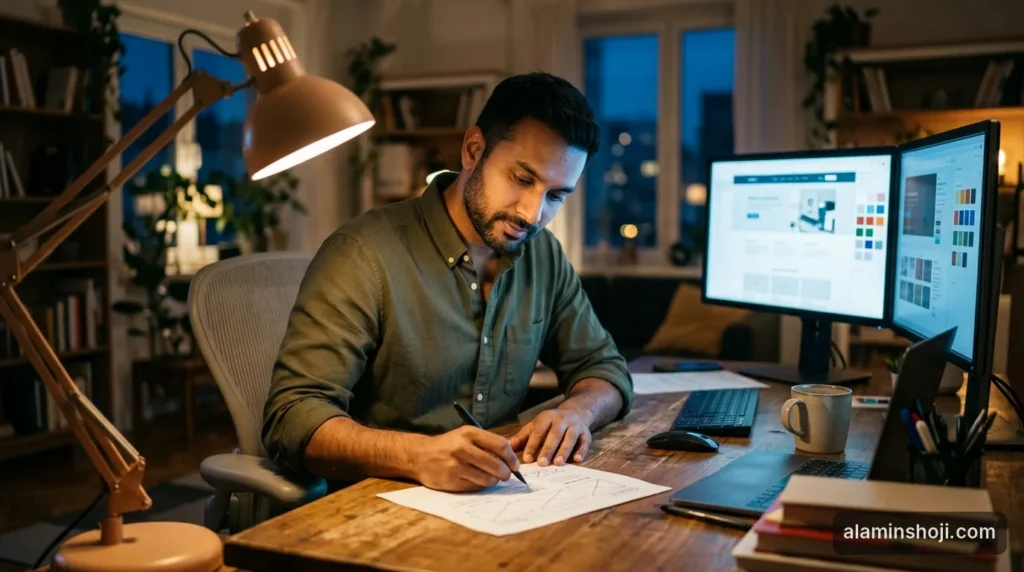 Freelance web designer sketching a website wireframe at his desk